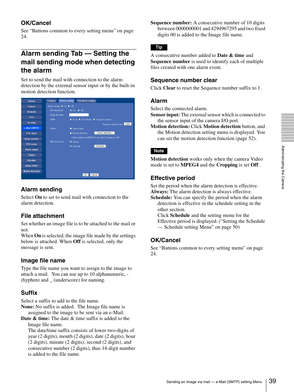 Alarm sending tab — setting the mail sending, Mode when detecting the alarm | Sony DF70P User Manual | Page 39 / 67