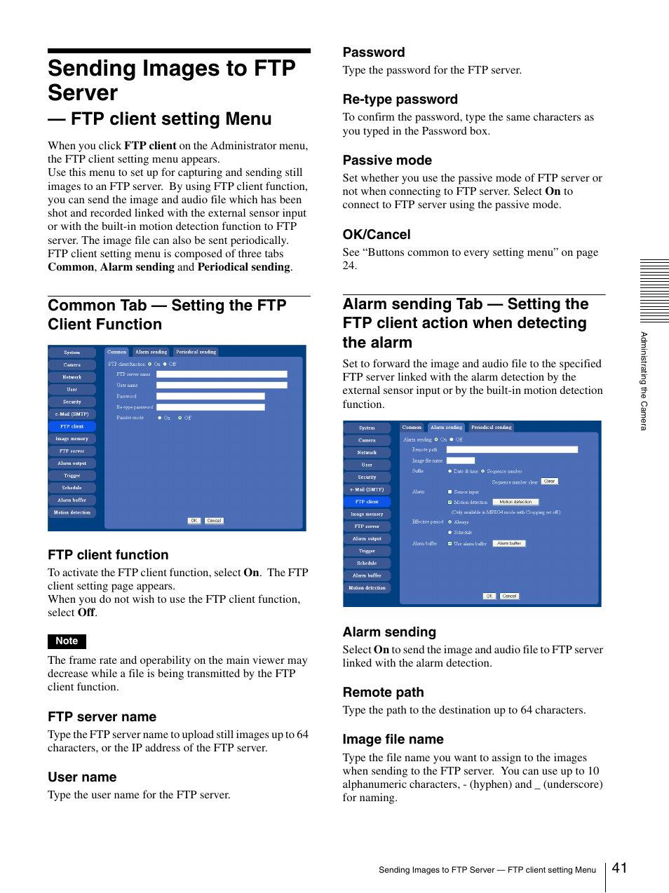 Common tab - setting the ftp client function, Common tab, Setting the ftp client function | Alarm sending tab — setting the ftp client, Action when detecting the alarm, Sending images to ftp server, Ftp client setting menu, Common tab — setting the ftp client function | Sony DF70P User Manual | Page 41 / 67