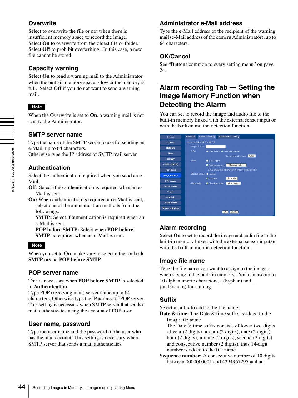 Alarm recording tab — setting the image, Memory function when detecting the alarm 44 | Sony DF70P User Manual | Page 44 / 67