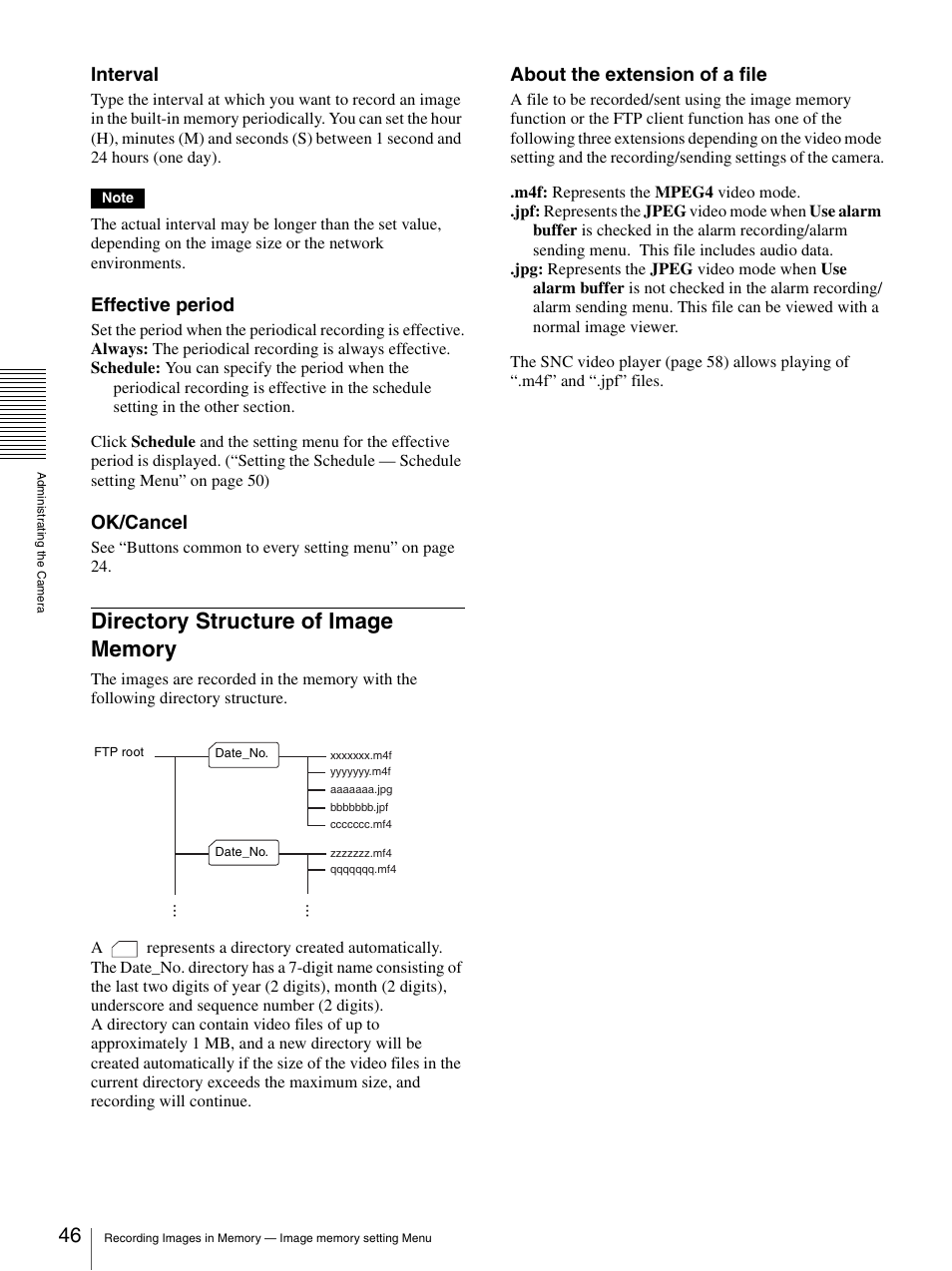 Directory structure of image memory, Interval, Effective period | Ok/cancel, About the extension of a file | Sony DF70P User Manual | Page 46 / 67