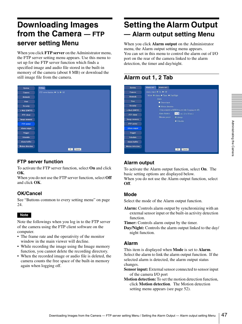 Alarm out 1, 2 tab, Downloading images from the camera, Setting the alarm output | Ftp server setting menu, Alarm output setting menu | Sony DF70P User Manual | Page 47 / 67