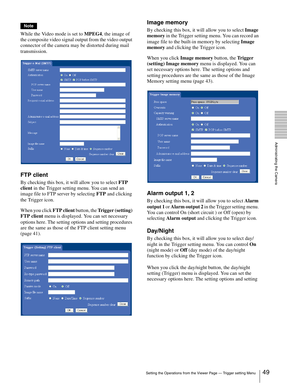 Ftp client, Alarm output 1, 2, Day/night | Sony DF70P User Manual | Page 49 / 67