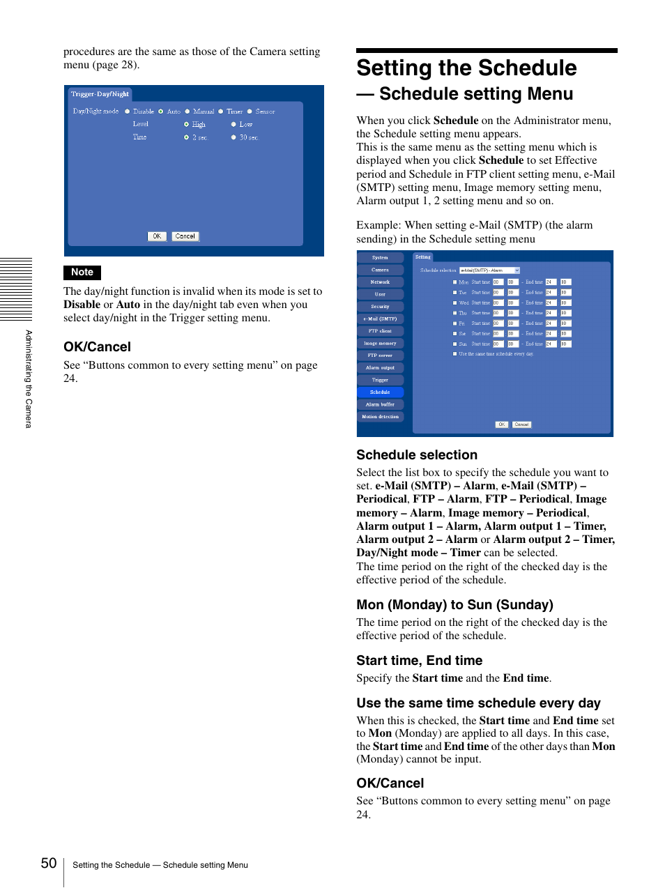 Setting the schedule - schedule setting menu, Setting the schedule — schedule setting menu, Setting the schedule | Schedule setting menu | Sony DF70P User Manual | Page 50 / 67