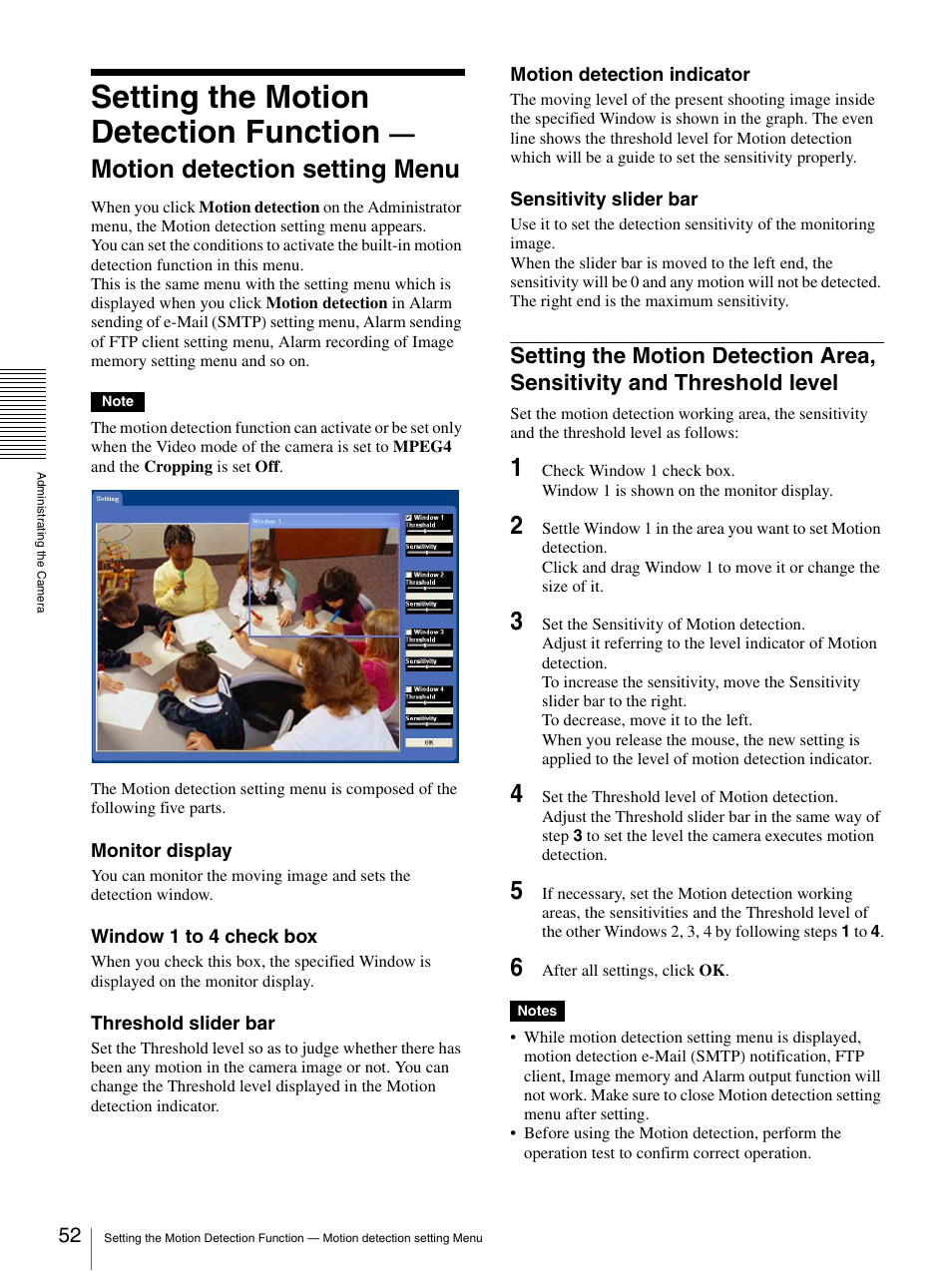 Setting the motion detection area, sensitivity and, Threshold level, Setting the motion detection function | Motion detection setting menu | Sony DF70P User Manual | Page 52 / 67