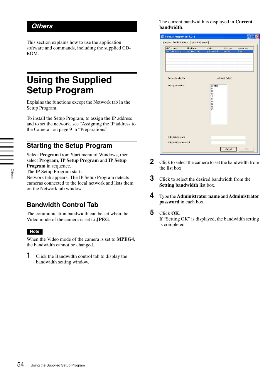 Others, Using the supplied setup program, Starting the setup program | Bandwidth control tab, Starting the setup program bandwidth control tab | Sony DF70P User Manual | Page 54 / 67
