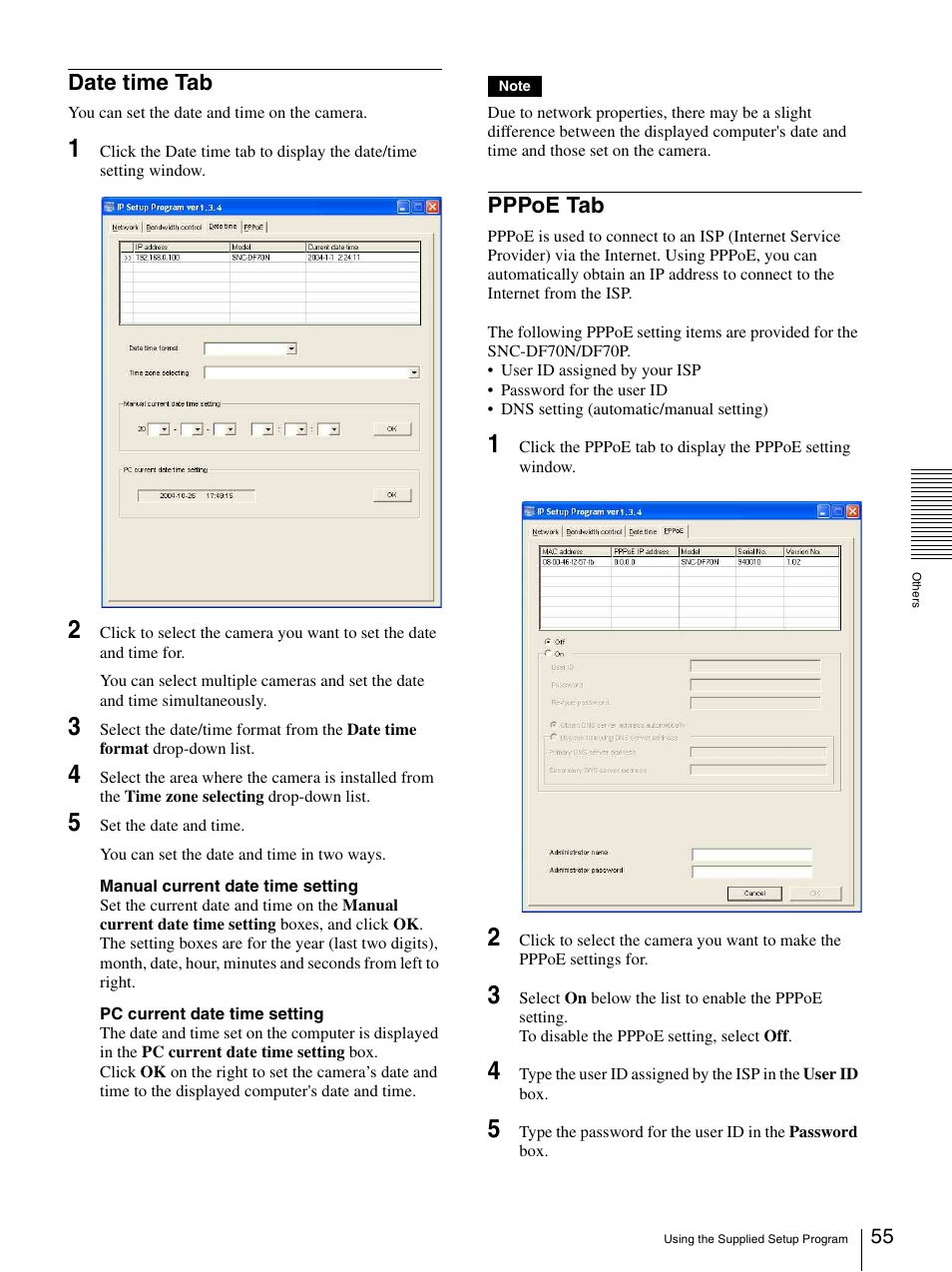 Date time tab, Pppoe tab, Date time tab pppoe tab | Sony DF70P User Manual | Page 55 / 67