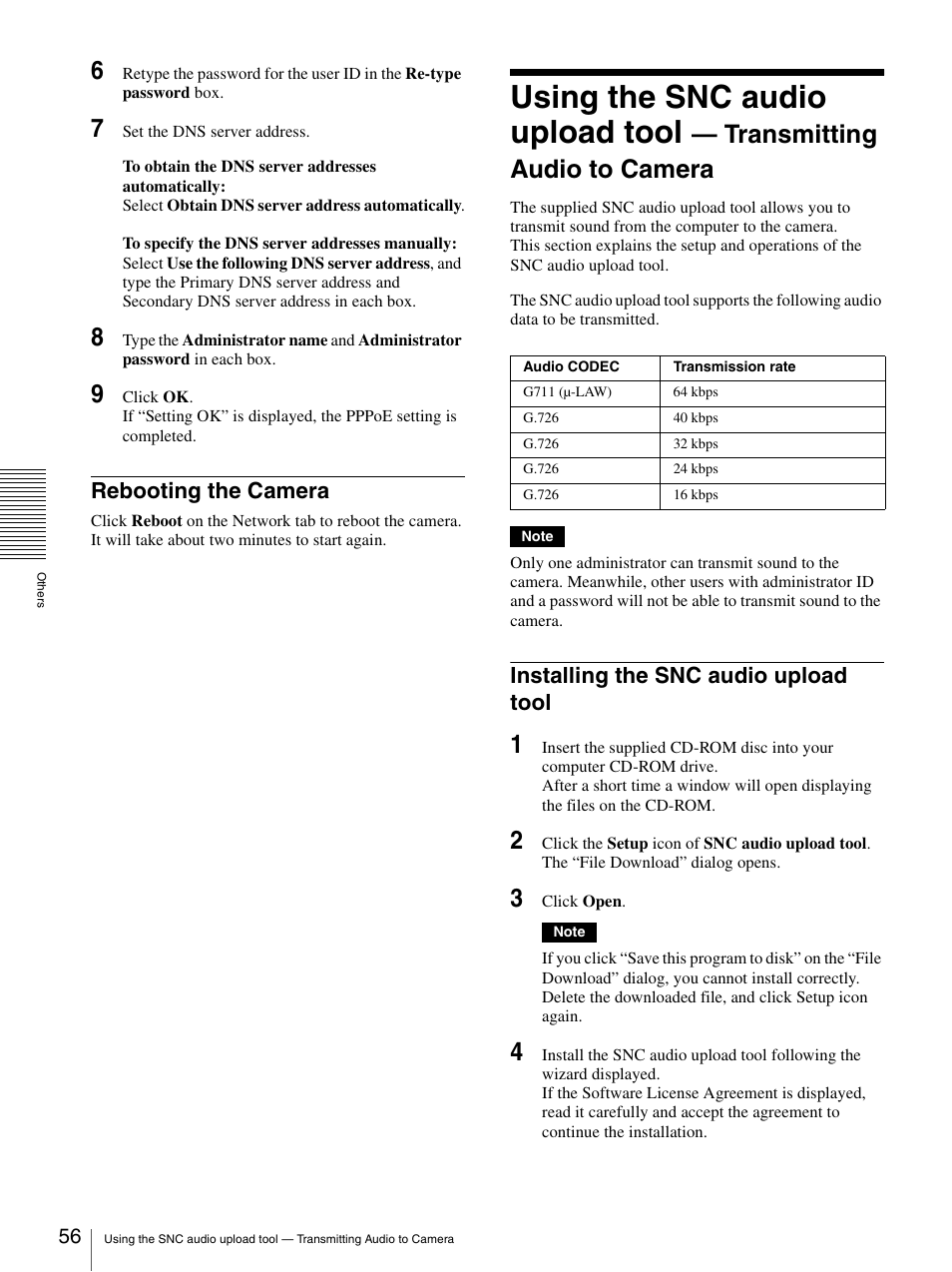 Rebooting the camera, Installing the snc audio upload tool, Using the snc audio upload tool | Transmitting audio to camera | Sony DF70P User Manual | Page 56 / 67
