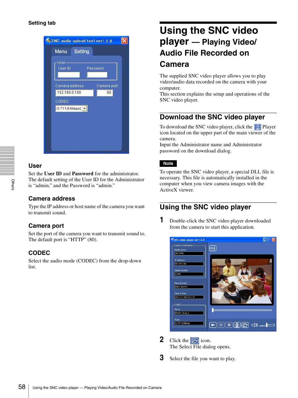 Download the snc video player, Using the snc video player, Playing video/ audio file recorded on camera | Sony DF70P User Manual | Page 58 / 67