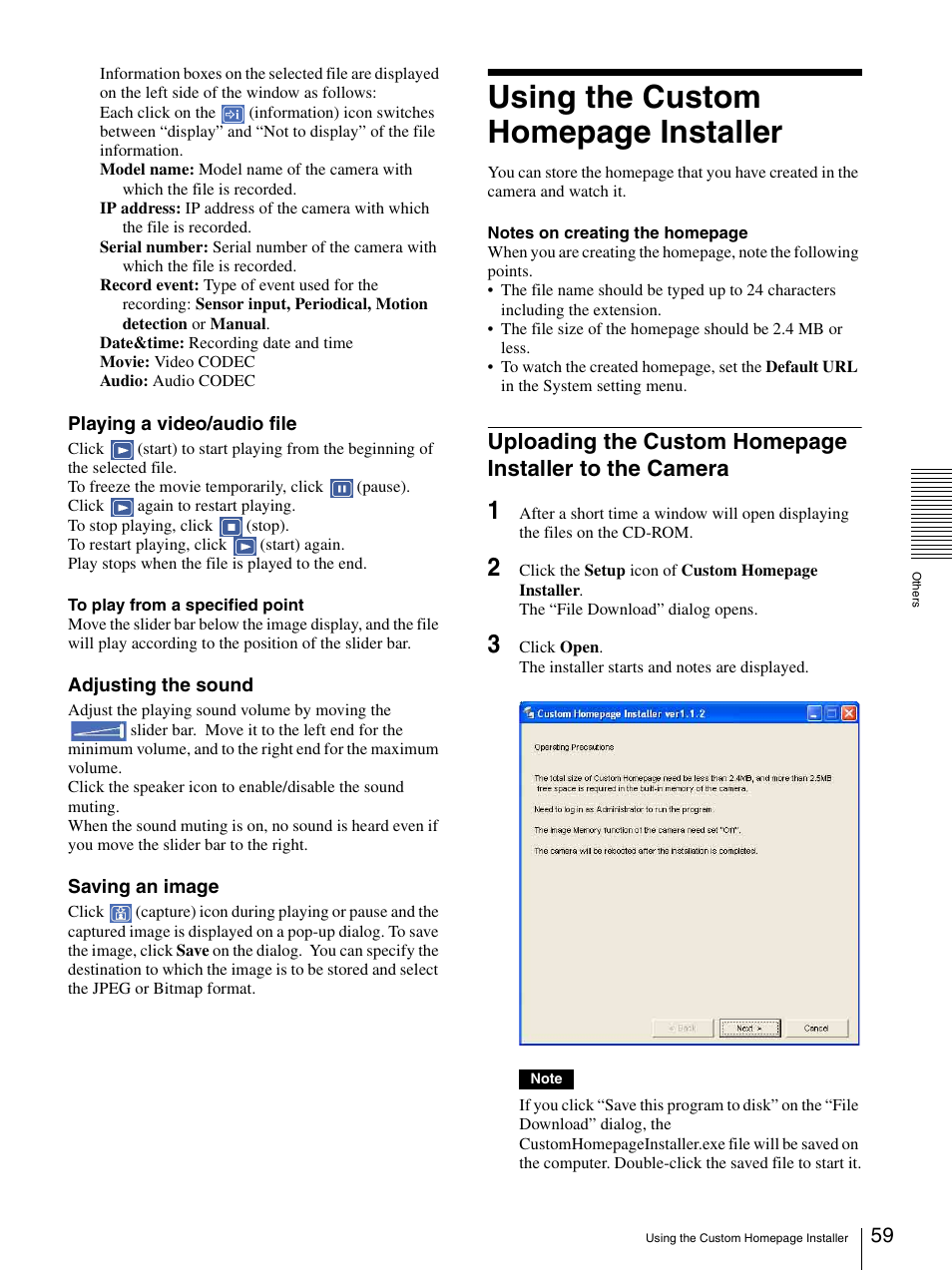 Camera, Using the custom homepage installer | Sony DF70P User Manual | Page 59 / 67