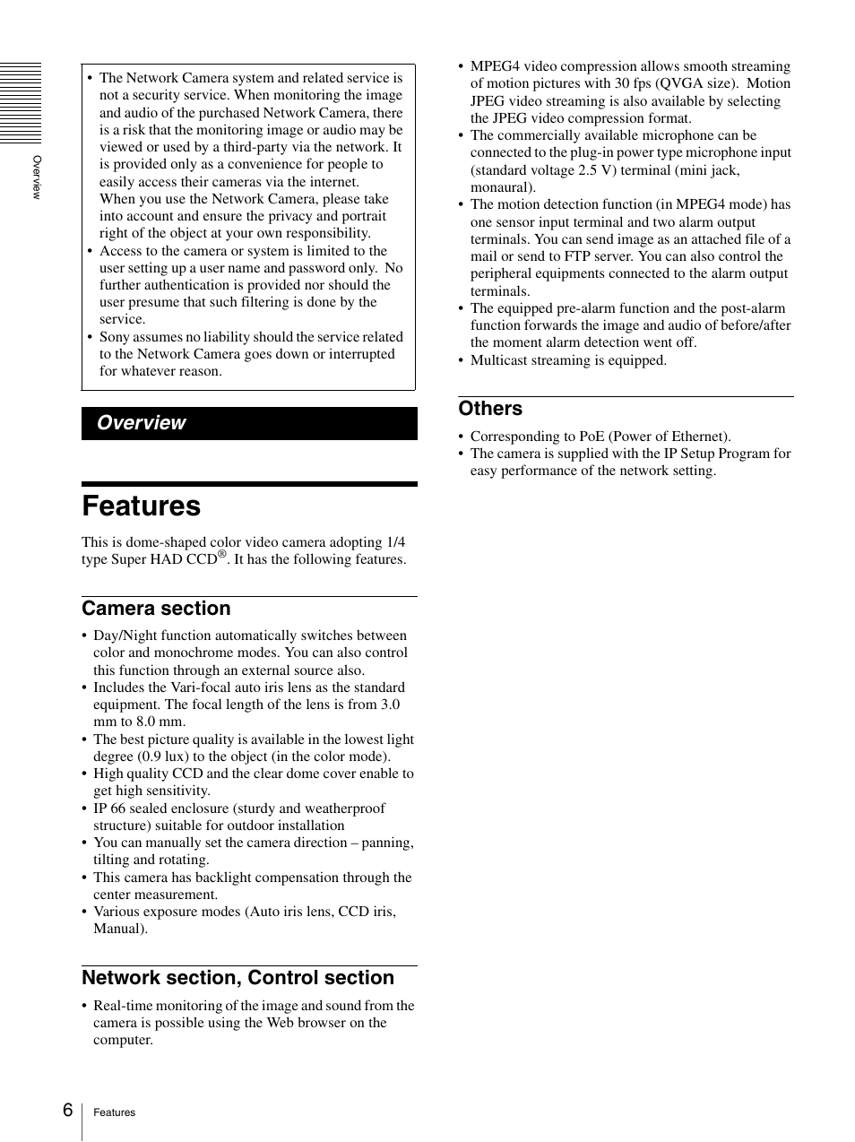 Overview, Features, Camera section | Network section, control section, Others | Sony DF70P User Manual | Page 6 / 67