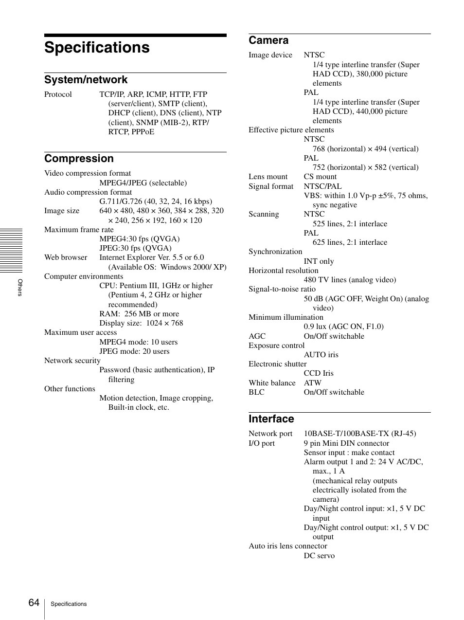 Specifications, System/network, Compression | Camera, Interface | Sony DF70P User Manual | Page 64 / 67
