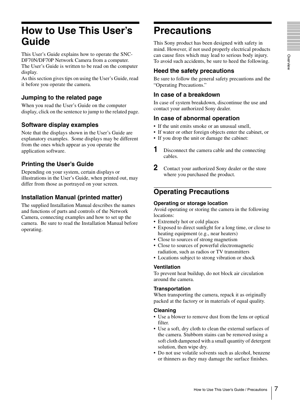 How to use this user’s guide, Precautions, Operating precautions | How to use this user’s guide precautions | Sony DF70P User Manual | Page 7 / 67