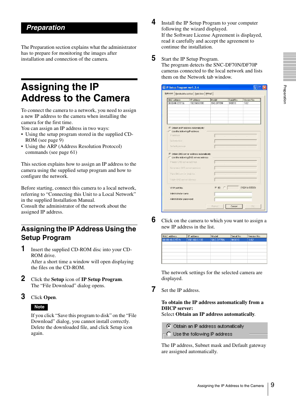 Preparation, Assigning the ip address to the camera, Assigning the ip address using the setup program | Assigning the ip address using the setup, Program | Sony DF70P User Manual | Page 9 / 67