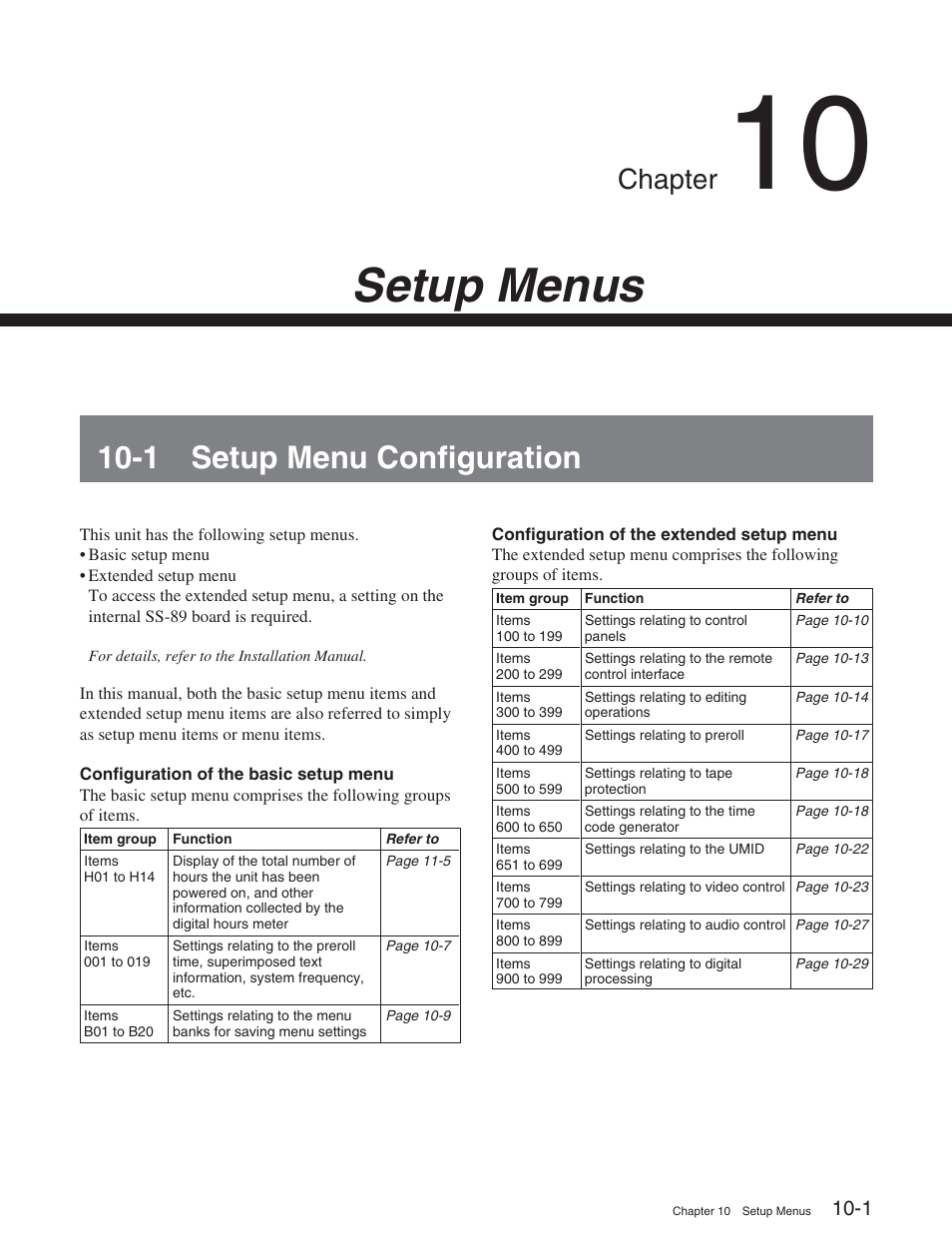 Chapter 10 setup menus, 1 setup menu configuration, Setup menus | Chapter | Sony HDW-S2000 User Manual | Page 109 / 158