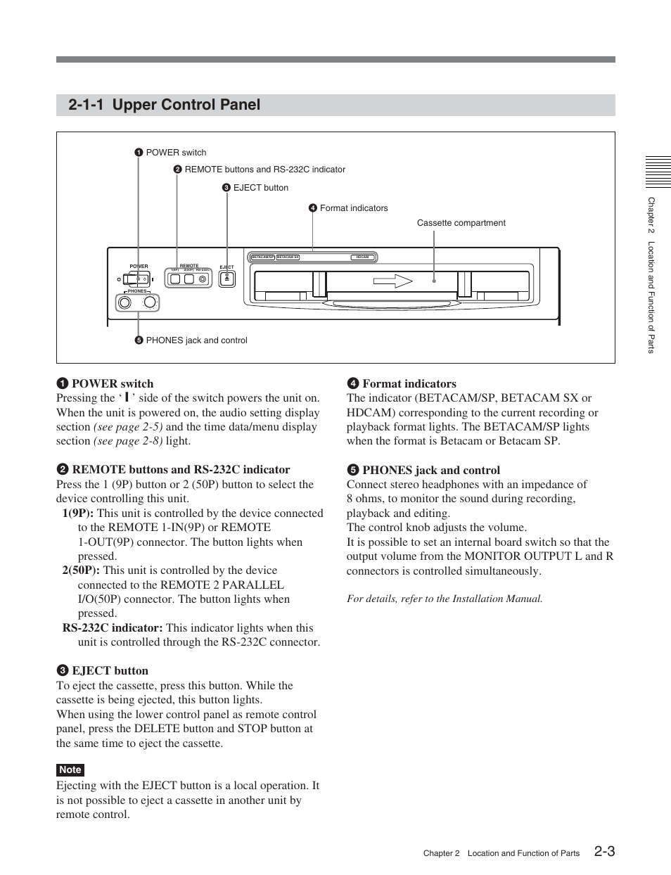 1-1 upper control panel | Sony HDW-S2000 User Manual | Page 13 / 158