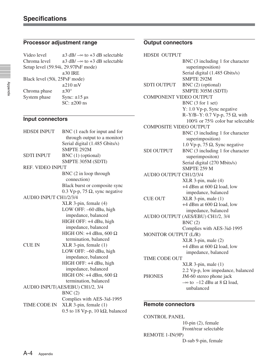 Specifications | Sony HDW-S2000 User Manual | Page 150 / 158