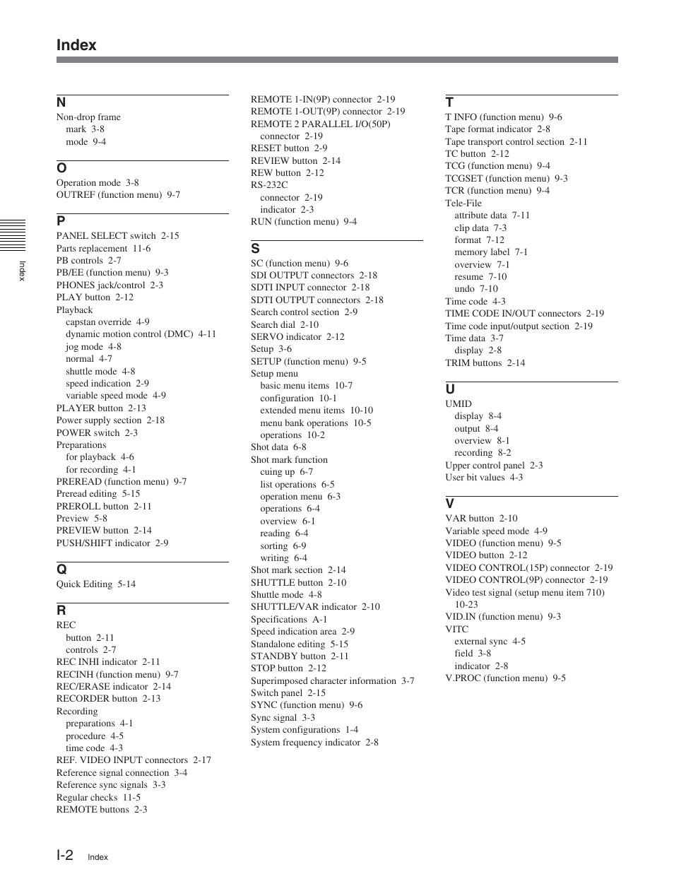 Index | Sony HDW-S2000 User Manual | Page 156 / 158