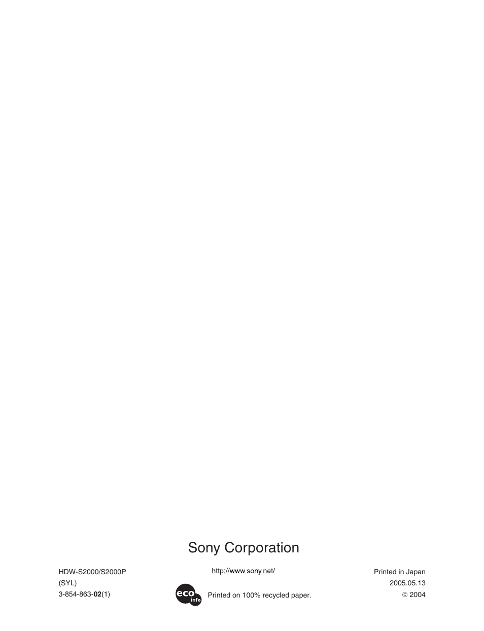 Sony corporation | Sony HDW-S2000 User Manual | Page 158 / 158