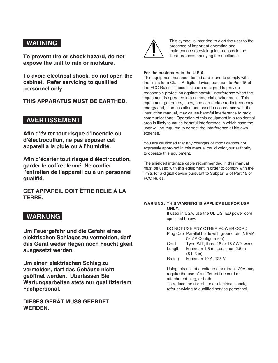 Warning, Avertissement, Warnung | Sony HDW-S2000 User Manual | Page 2 / 158