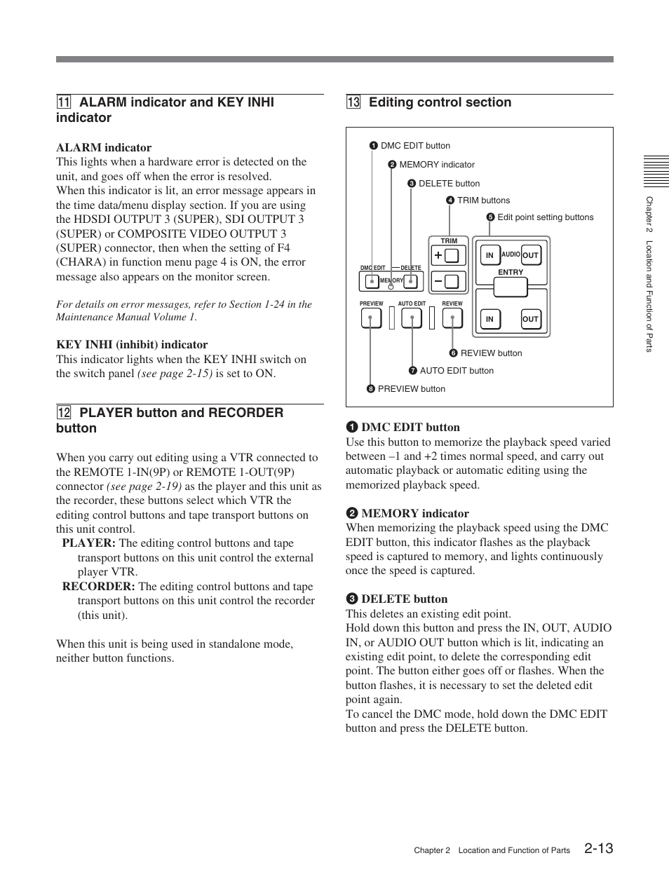 Qa alarm indicator and key inhi indicator, Qs player button and recorder button | Sony HDW-S2000 User Manual | Page 23 / 158