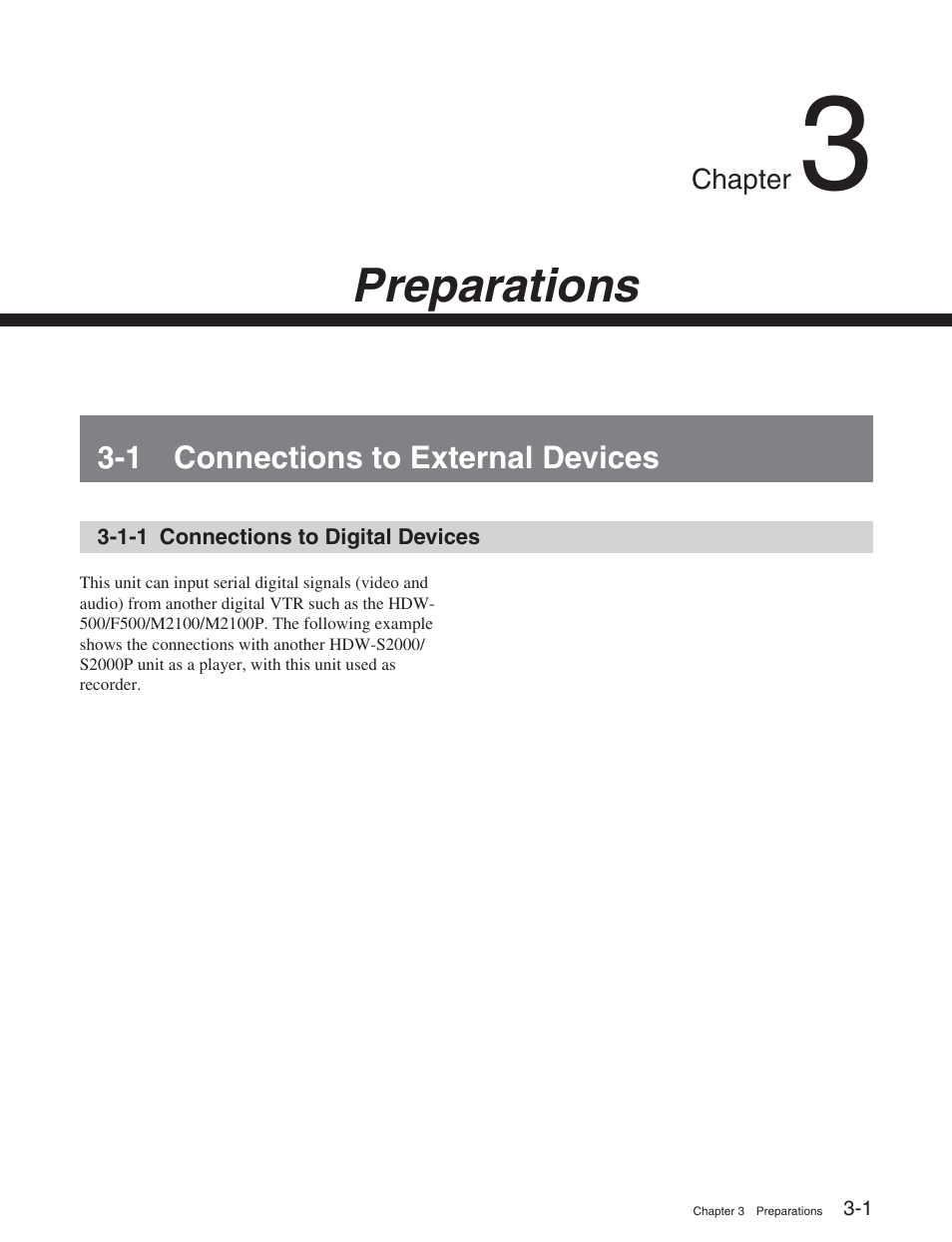 Chapter 3 preparations, 1 connections to external devices, 1-1 connections to digital devices | Preparations | Sony HDW-S2000 User Manual | Page 31 / 158