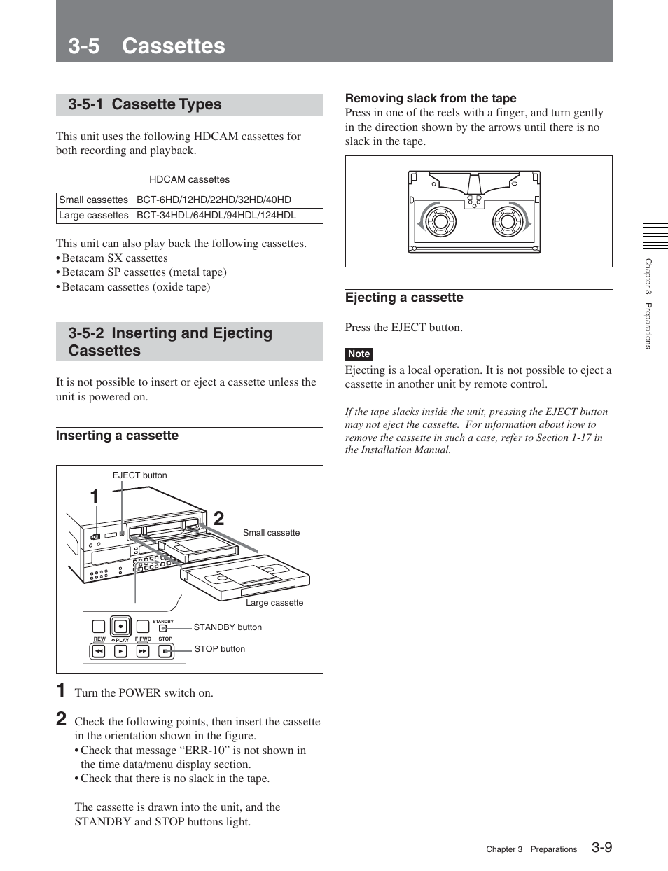 5 cassettes, 5-1 cassette types, 5-2 inserting and ejecting cassettes | Sony HDW-S2000 User Manual | Page 39 / 158