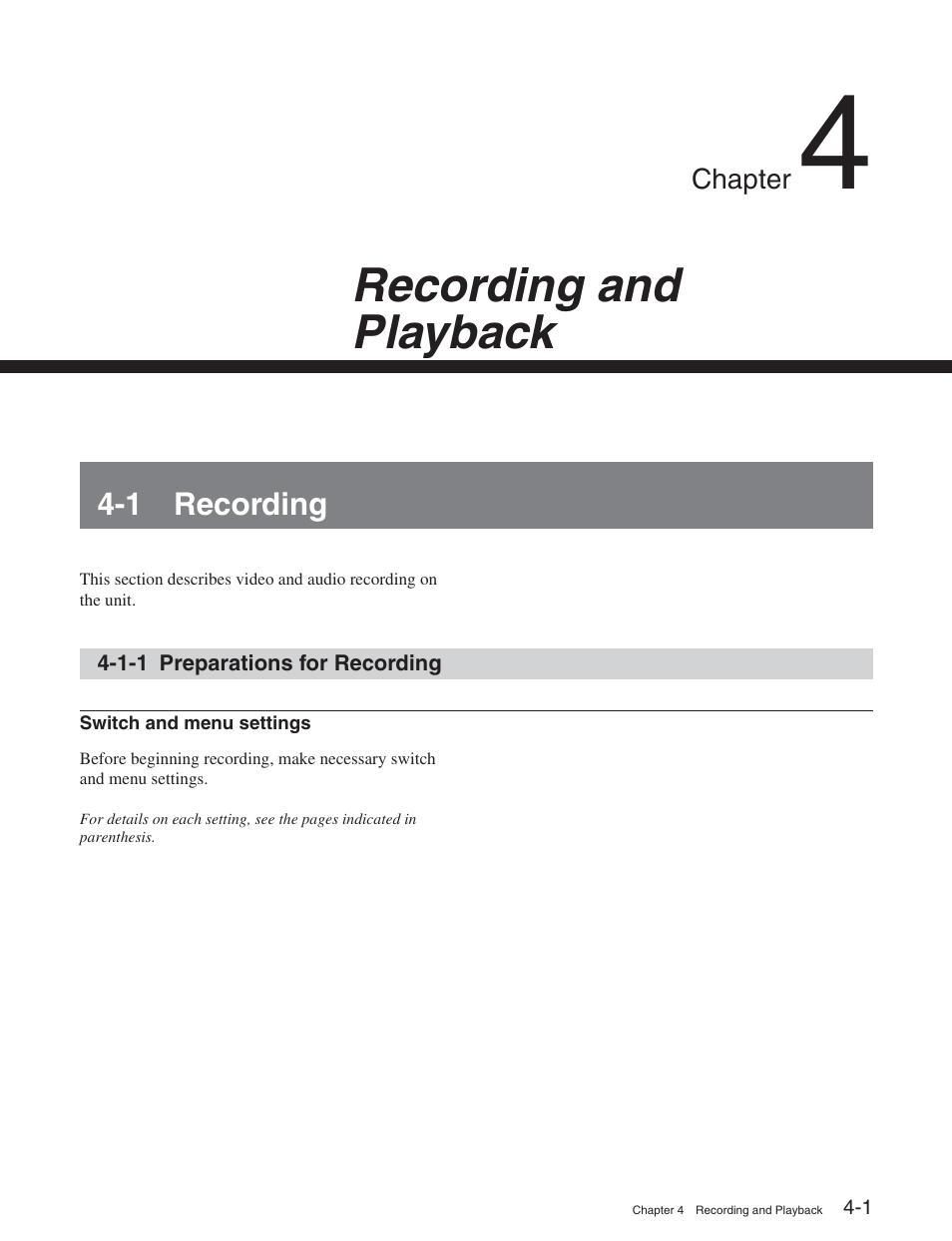 Chapter 4 recording and playback, 1 recording, 1-1 preparations for recording | Recording and playback | Sony HDW-S2000 User Manual | Page 43 / 158