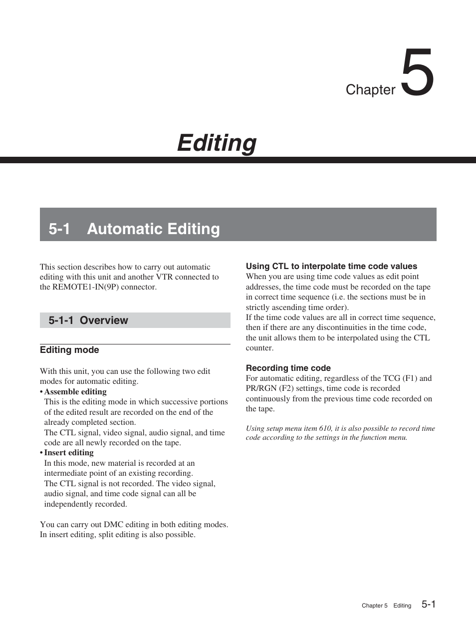 Chapter 5 editing, 1 automatic editing, 1-1 overview | Editing | Sony HDW-S2000 User Manual | Page 57 / 158