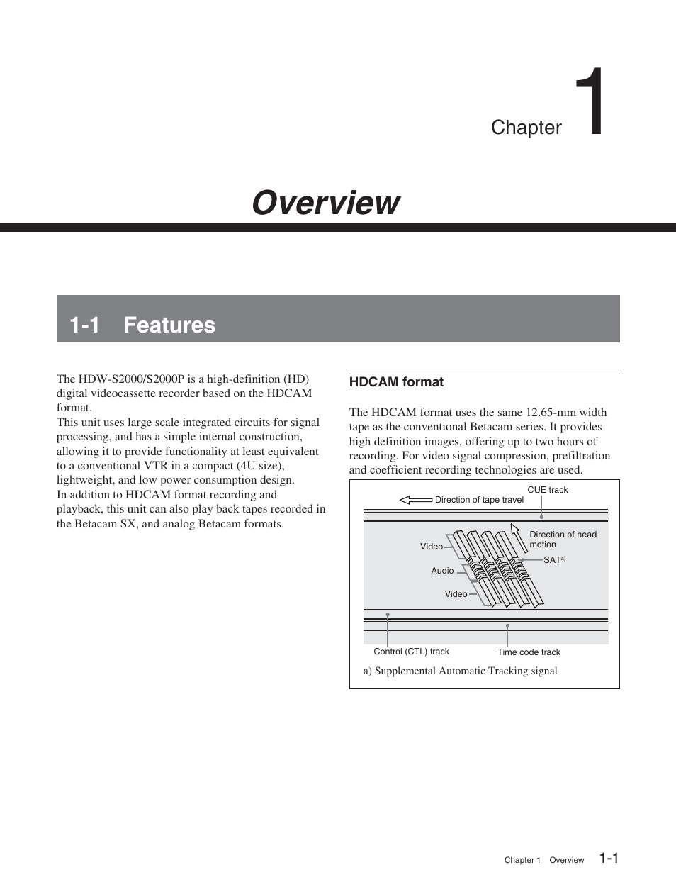 Chapter 1 overview, 1 features, Overview | Chapter | Sony HDW-S2000 User Manual | Page 7 / 158