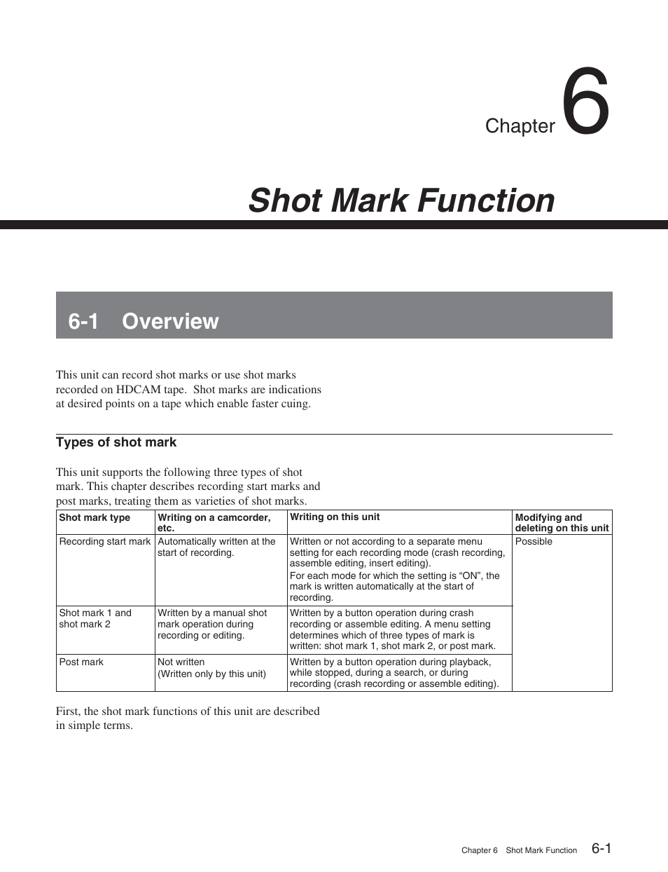 Chapter 6 shot mark function, 1 overview, Shot mark function | Chapter | Sony HDW-S2000 User Manual | Page 73 / 158