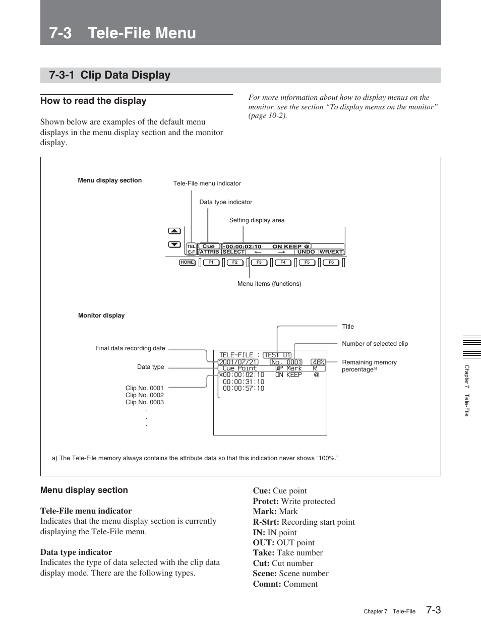 3 tele-file menu, 3-1 clip data display, How to read the display | Sony HDW-S2000 User Manual | Page 85 / 158