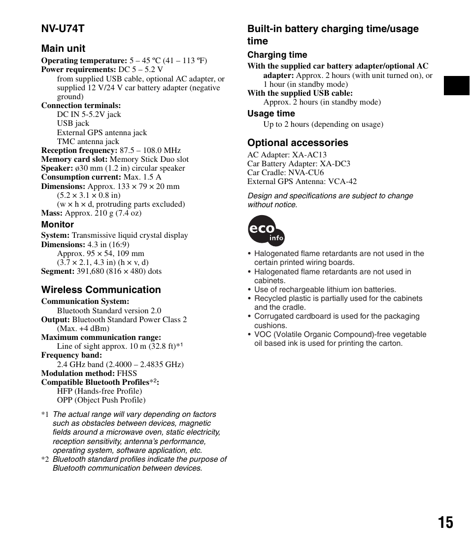 Nv-u74t, Main unit, Wireless communication | Built-in battery charging time/usage time, Optional accessories | Sony NV-U84 User Manual | Page 15 / 60