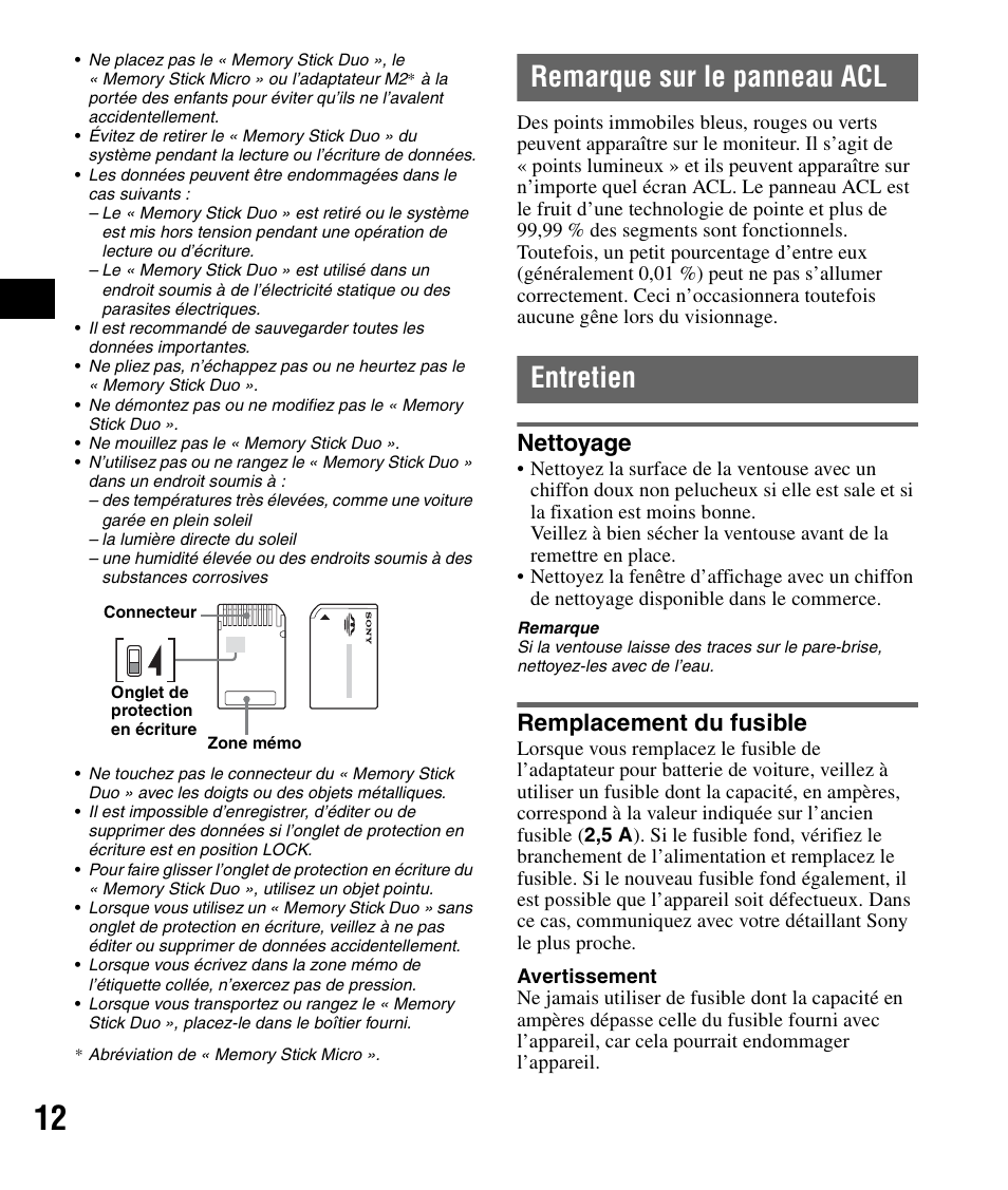 Remarque sur le panneau acl, Entretien, Nettoyage | Remplacement du fusible | Sony NV-U84 User Manual | Page 30 / 60