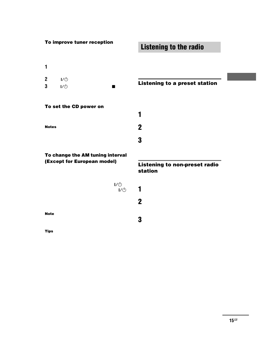 Listening to the radio, Preset tuning, Manual tuning | Preset tuning — manual tuning | Sony CMT-HPX7 User Manual | Page 15 / 36