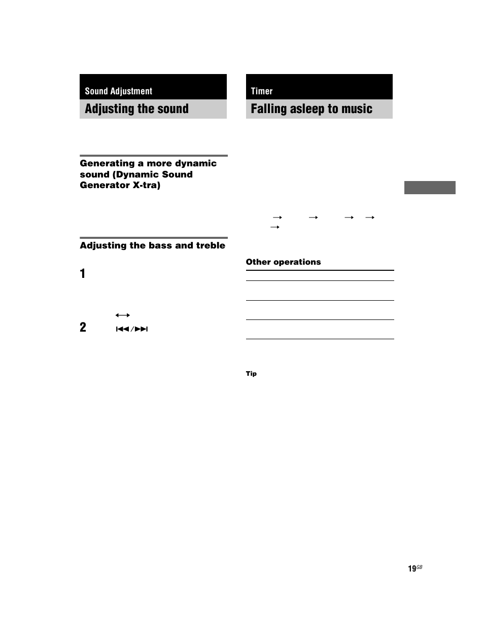Sound adjustment, Adjusting the sound, Timer | Falling asleep to music, Sleep timer | Sony CMT-HPX7 User Manual | Page 19 / 36