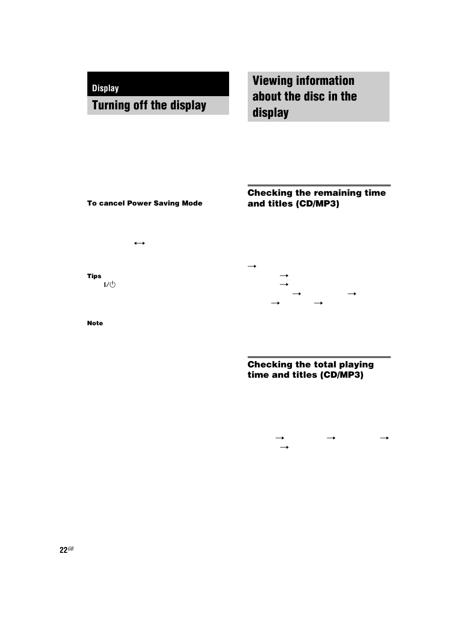 Display, Turning off the display, Power saving mode | Viewing information about the disc in the display, Viewing information about the disc in the | Sony CMT-HPX7 User Manual | Page 22 / 36