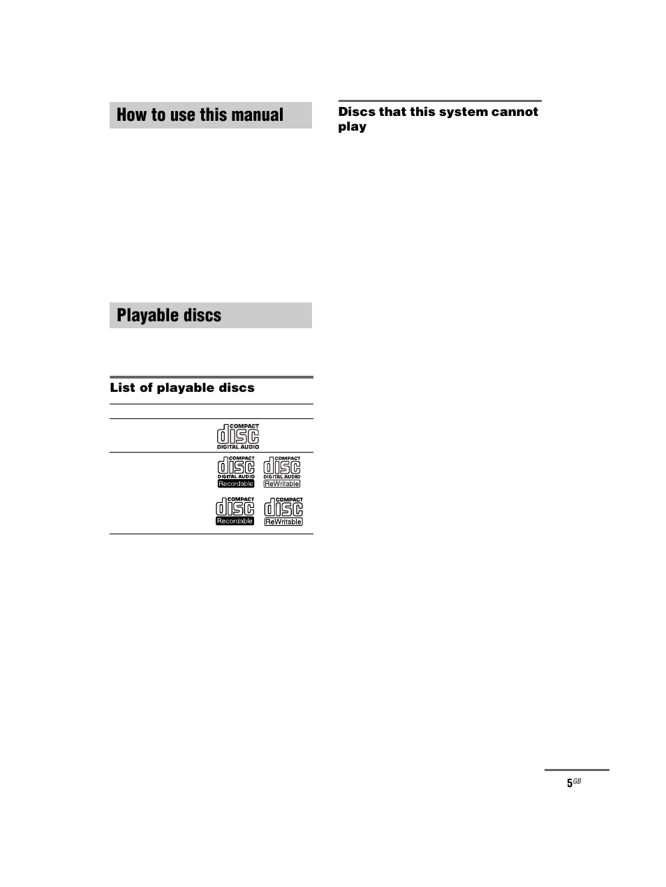 How to use this manual, Playable discs, How to use this manual playable discs | Sony CMT-HPX7 User Manual | Page 5 / 36