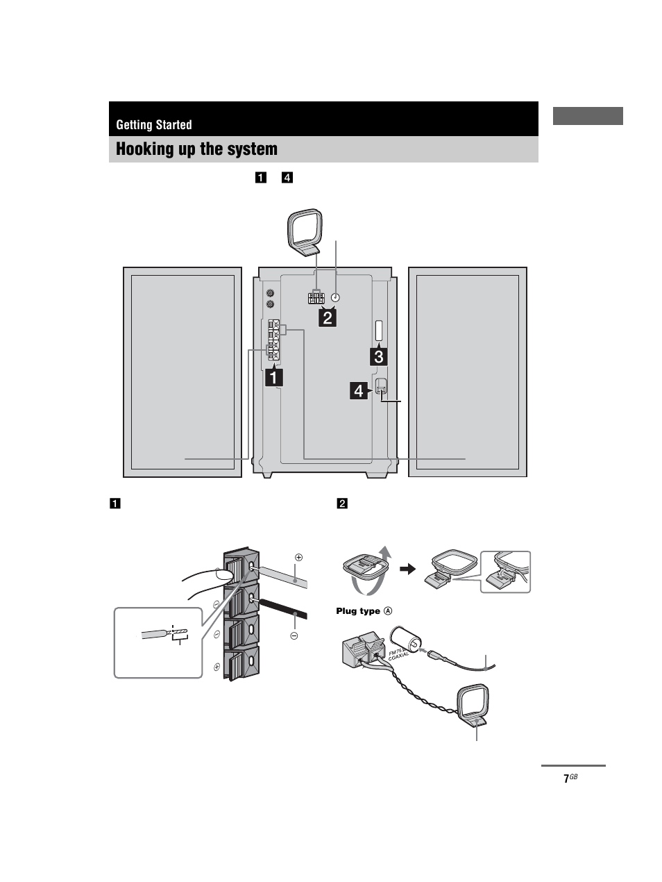 Getting started, Hooking up the system | Sony CMT-HPX7 User Manual | Page 7 / 36