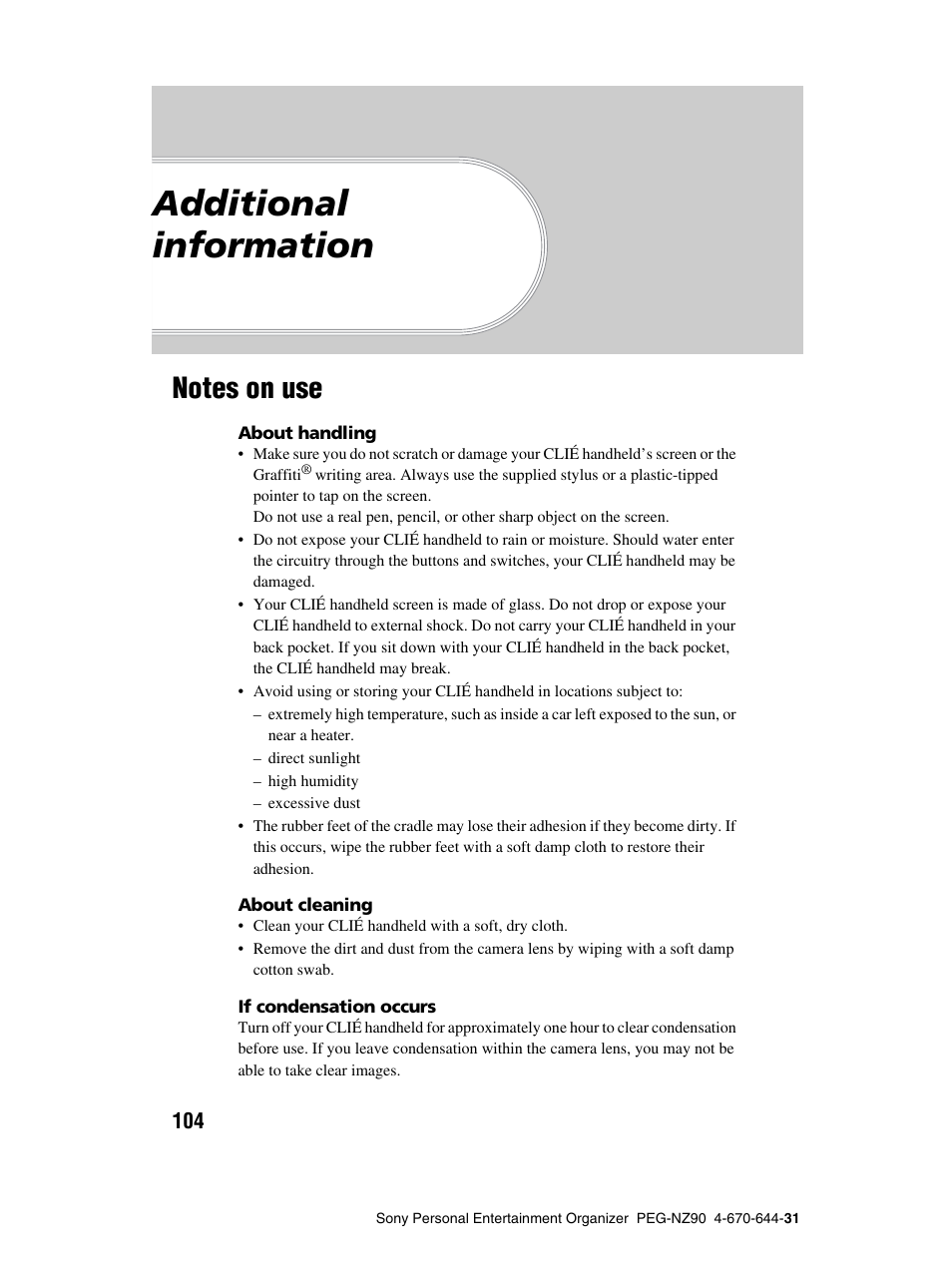 Additional information, Notes on use | Sony PEG-NZ90 User Manual | Page 104 / 115