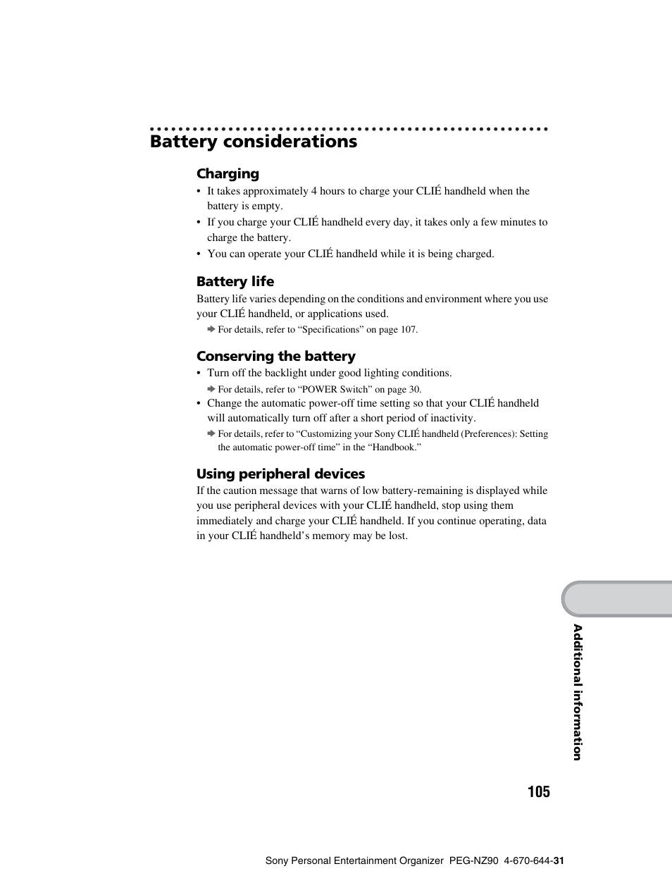 Battery considerations | Sony PEG-NZ90 User Manual | Page 105 / 115