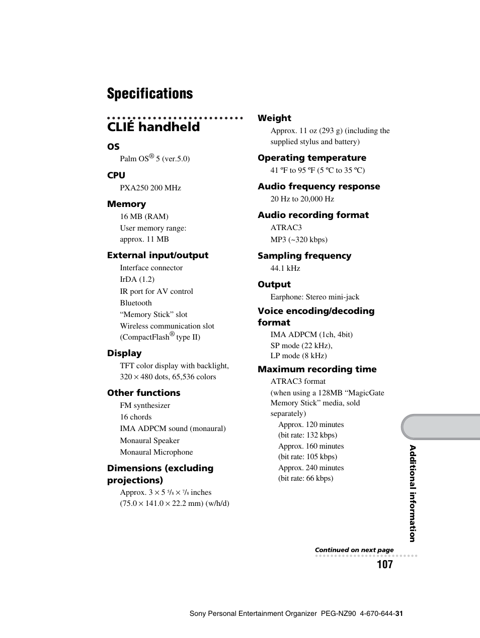 Specifications, Clié handheld | Sony PEG-NZ90 User Manual | Page 107 / 115