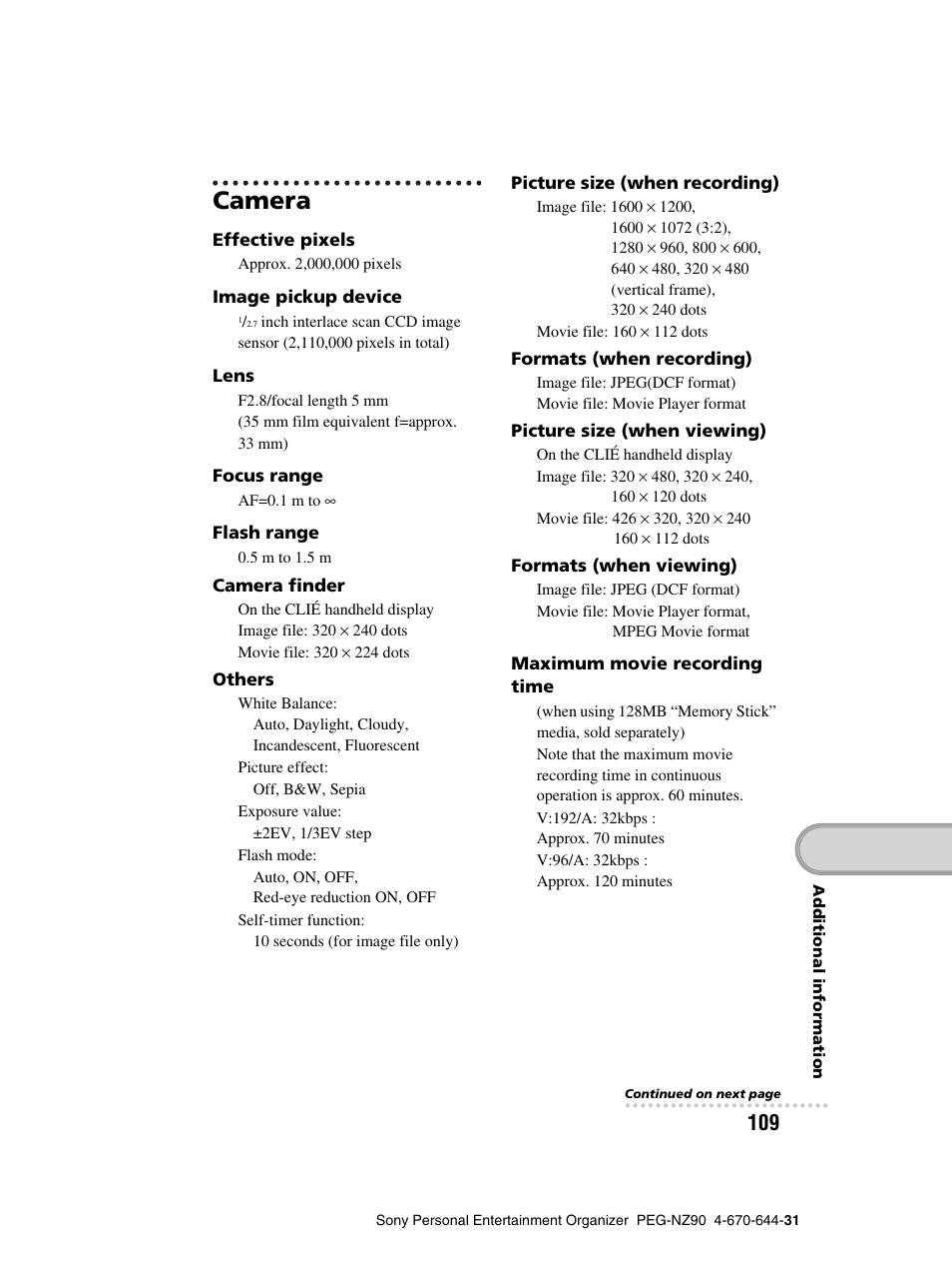 Camera | Sony PEG-NZ90 User Manual | Page 109 / 115