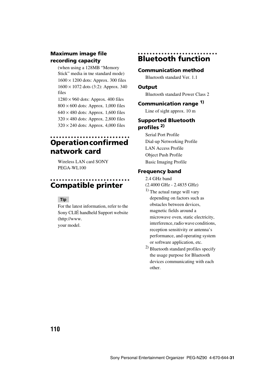 Operation confirmed natwork card, Compatible printer, Bluetooth function | Sony PEG-NZ90 User Manual | Page 110 / 115