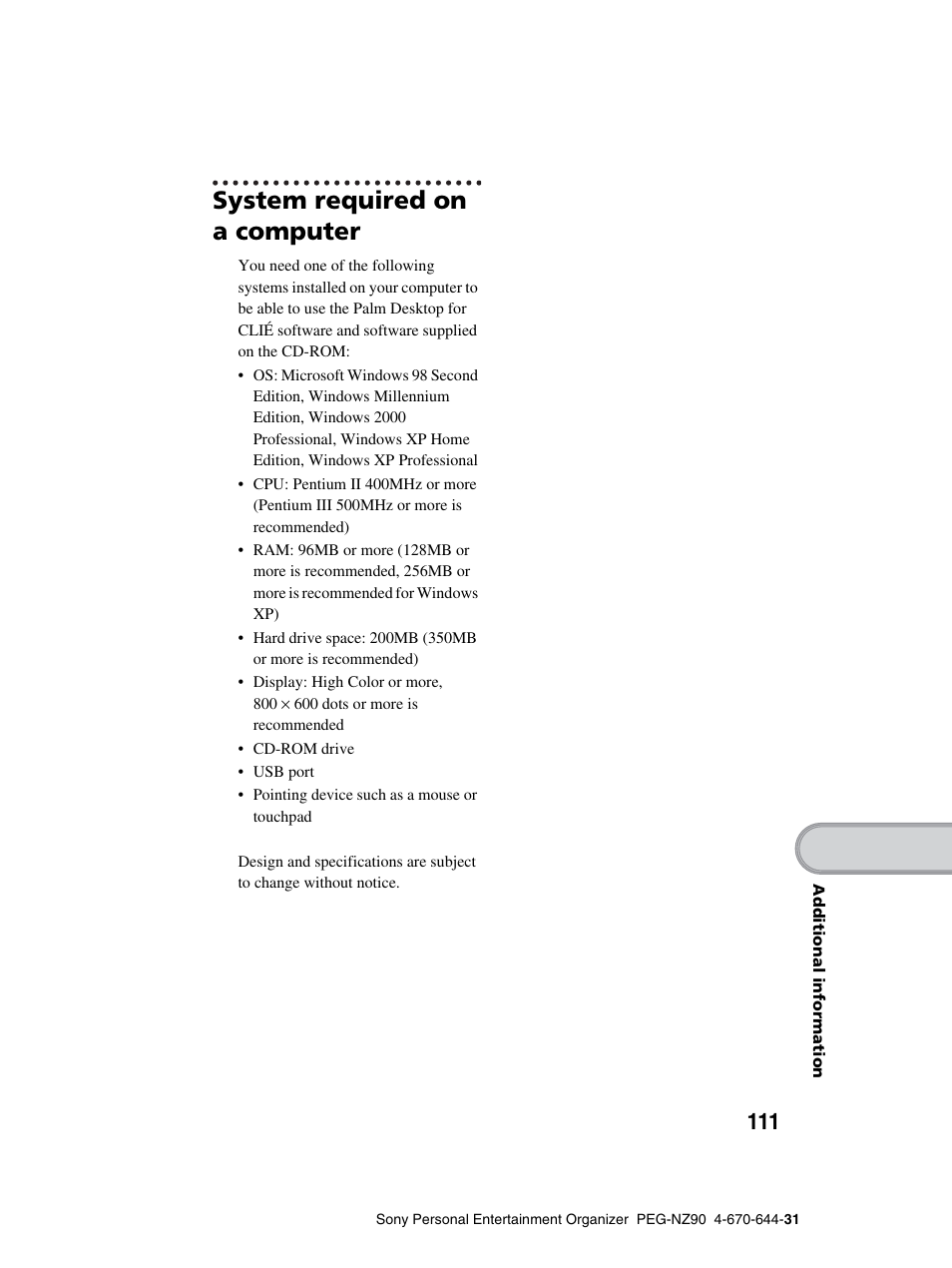 System required on a computer | Sony PEG-NZ90 User Manual | Page 111 / 115