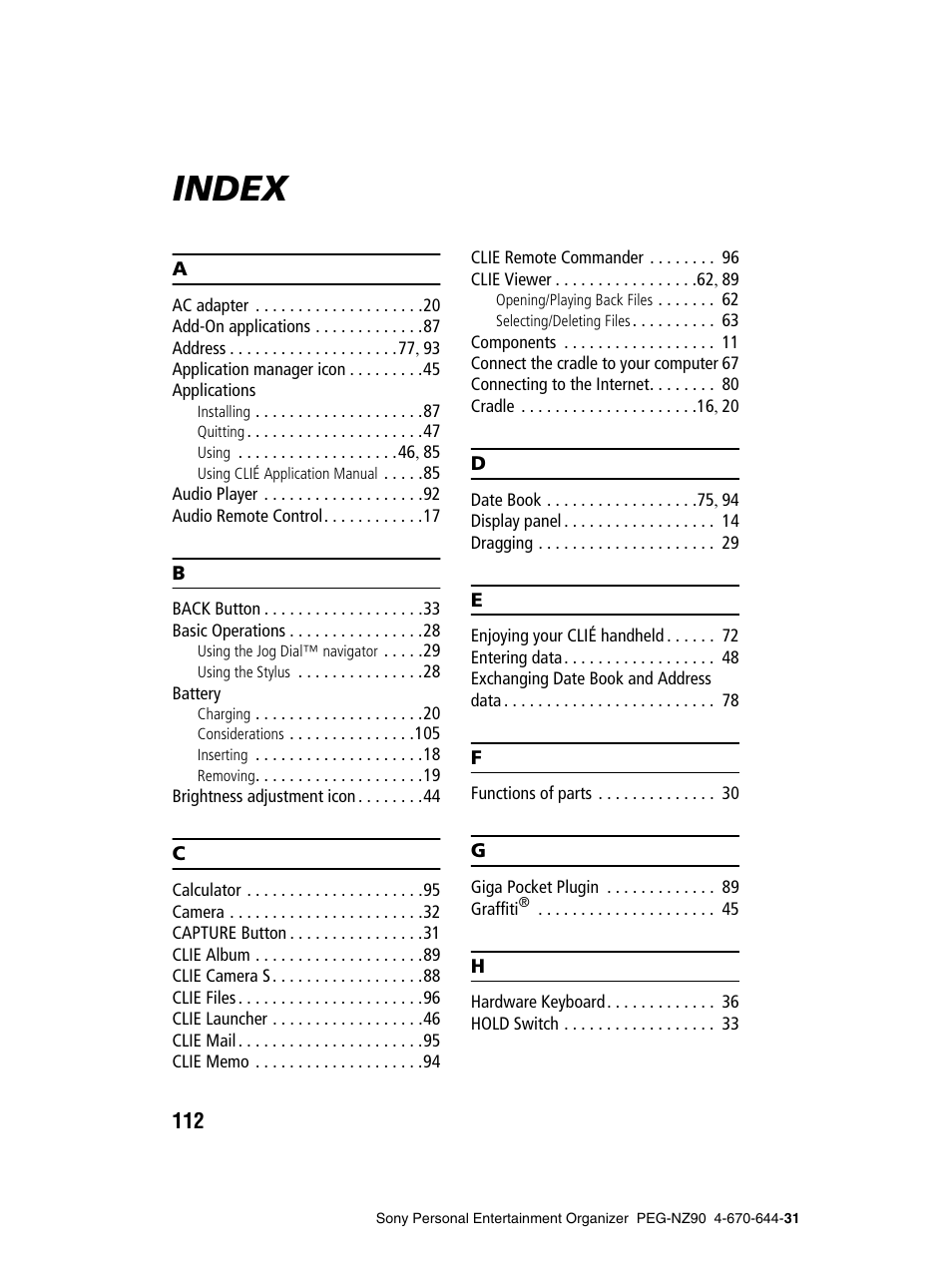 Index | Sony PEG-NZ90 User Manual | Page 112 / 115