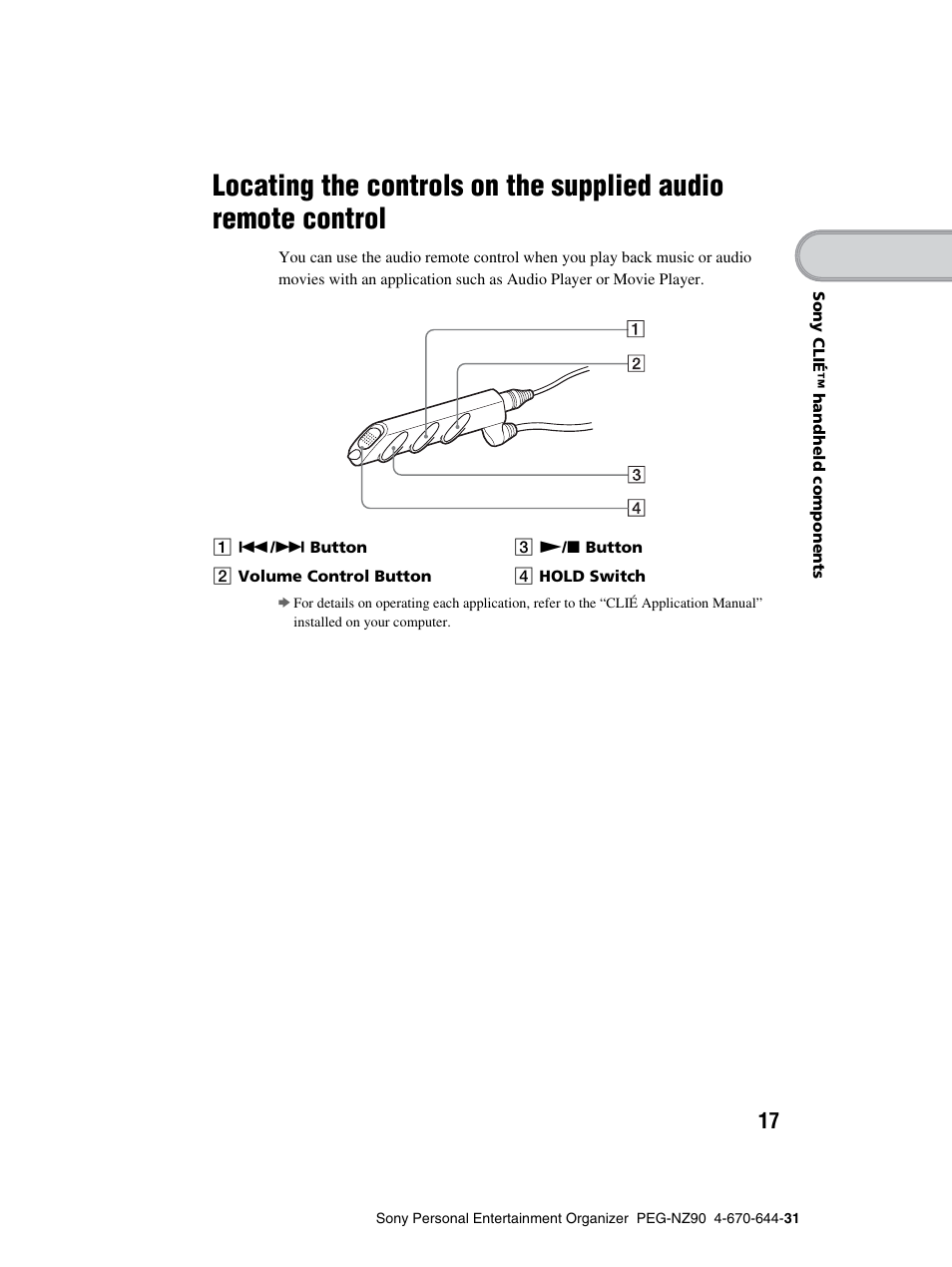 Locating the controls on the supplied, Audio remote control | Sony PEG-NZ90 User Manual | Page 17 / 115