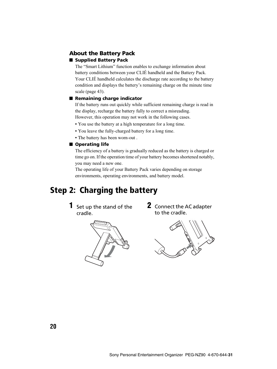 Step 2: charging the battery | Sony PEG-NZ90 User Manual | Page 20 / 115