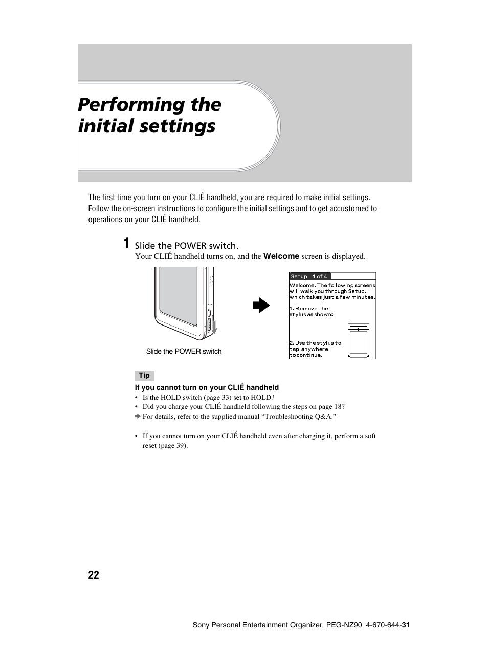 Performing the initial settings | Sony PEG-NZ90 User Manual | Page 22 / 115