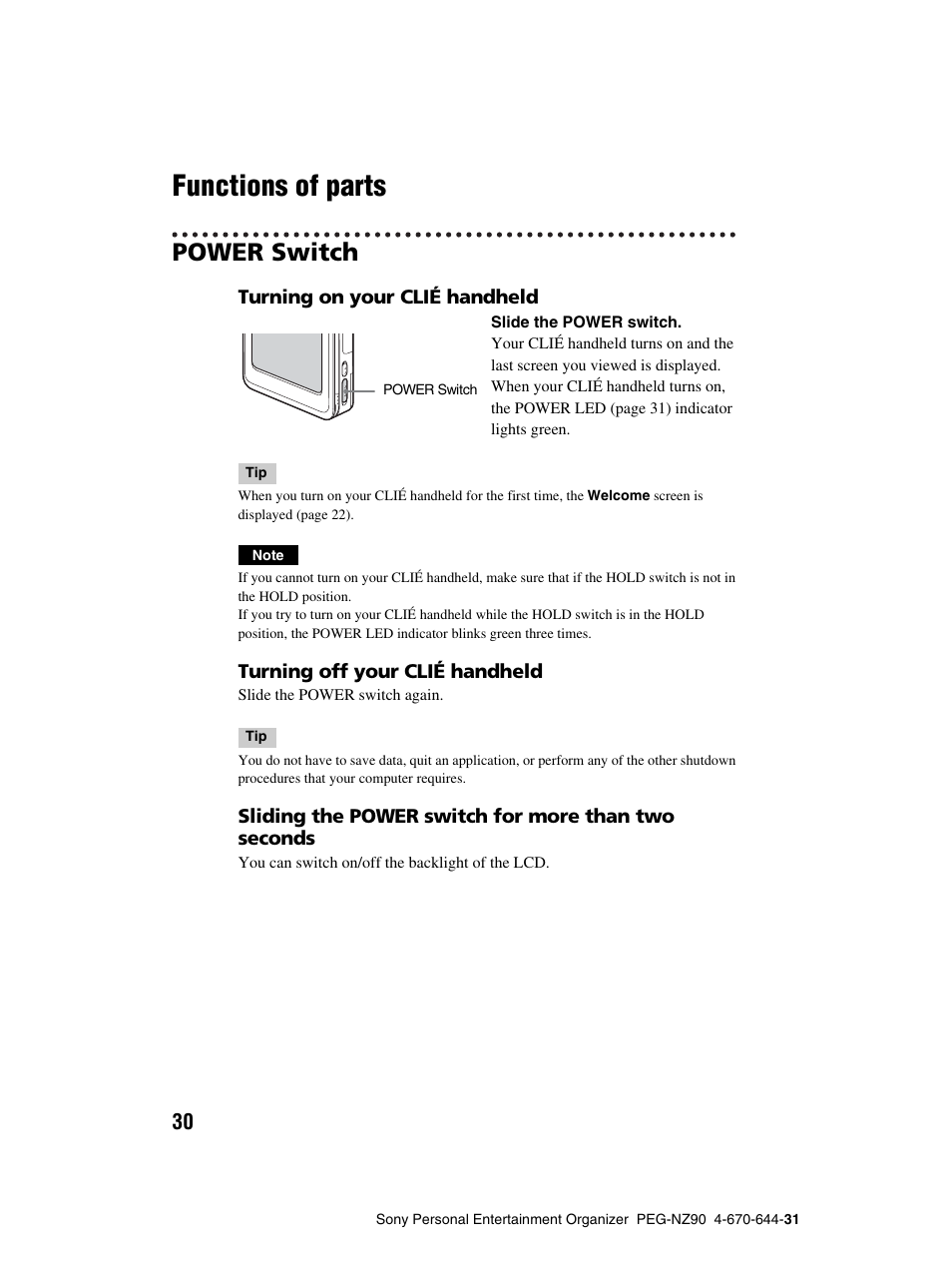 Functions of parts, Power switch, Age 30) | Sony PEG-NZ90 User Manual | Page 30 / 115