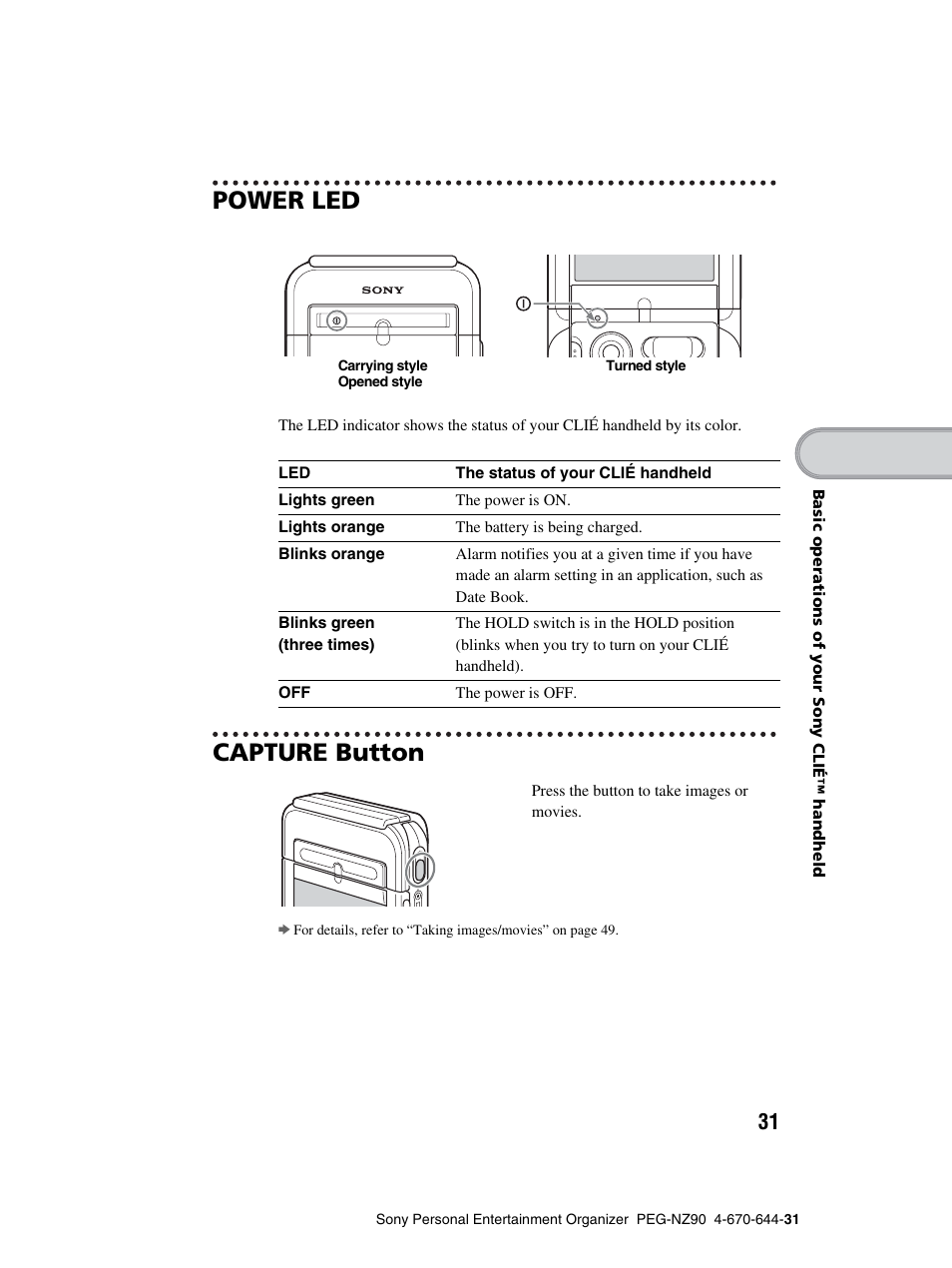 Power led, Capture button, E 31) | E 31, Power led capture button | Sony PEG-NZ90 User Manual | Page 31 / 115